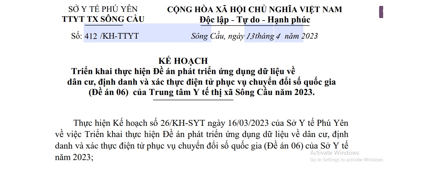 Kế hoạch triển khai thực hiện Đề án 06 của Trung tâm Y tế thị xã Sông Cầu năm 2023.